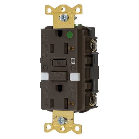 HUBBELL WIRING DEVICE-KELLEMS Heavy Duty Hospital Grade AUTOGUARD® Self-Test GFCI Receptacle with Nightlight, 20A, Brown GFRST83NL